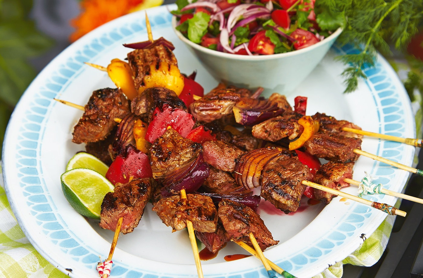 Brazilian-style barbecue beef skewers with tomato salad recipe