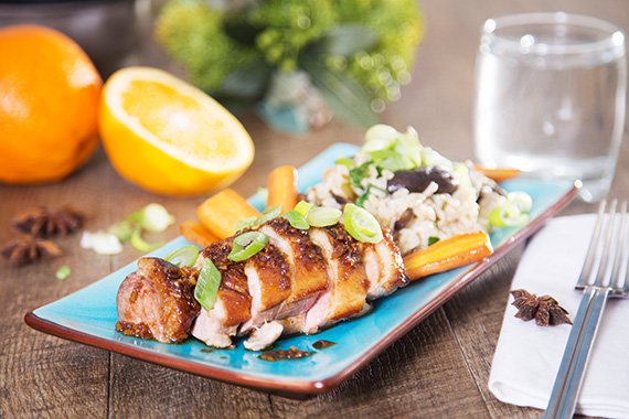 Chinese orange and soy glazed duck with shiitake mushroom rice