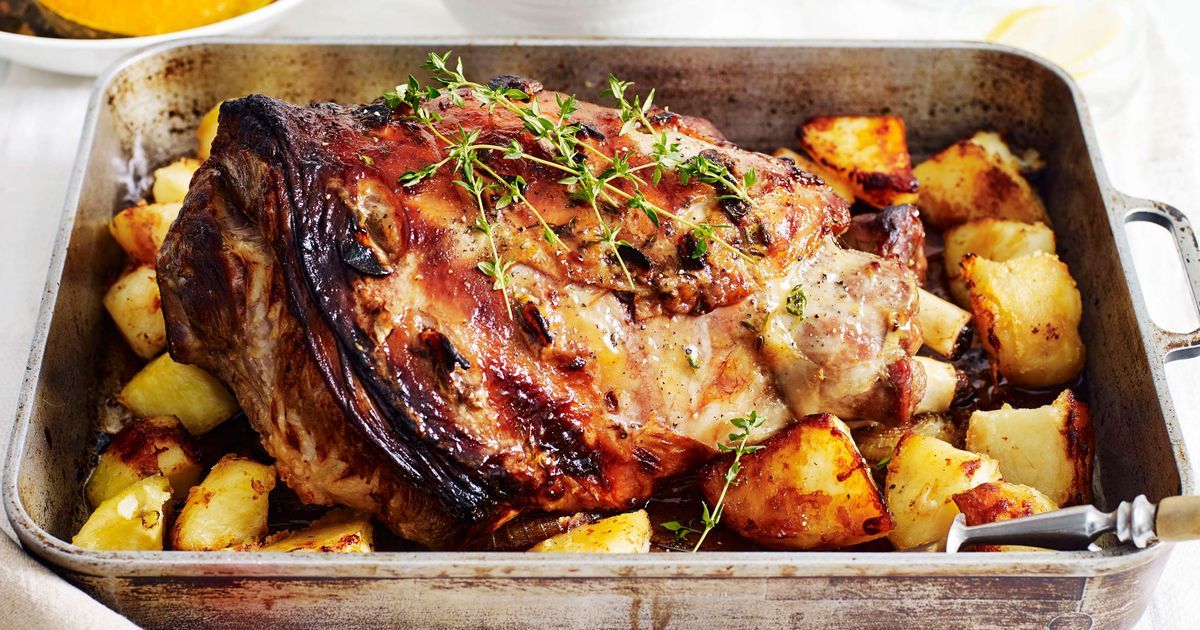 Roast lamb with honey, mustard and thyme glaze